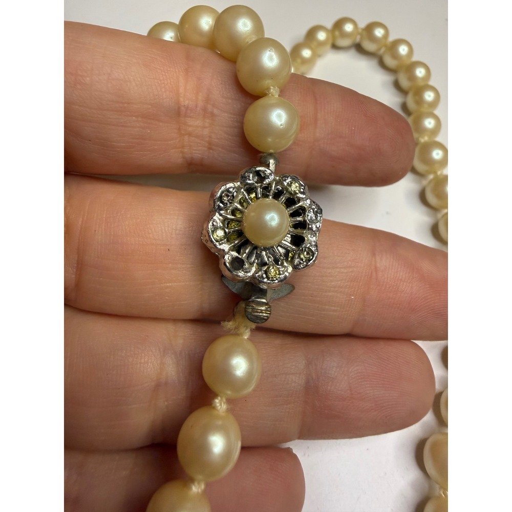 Vintage Faux Pearl Knotted Strand Necklace Silver Tone Floral Rhinestone Clasp